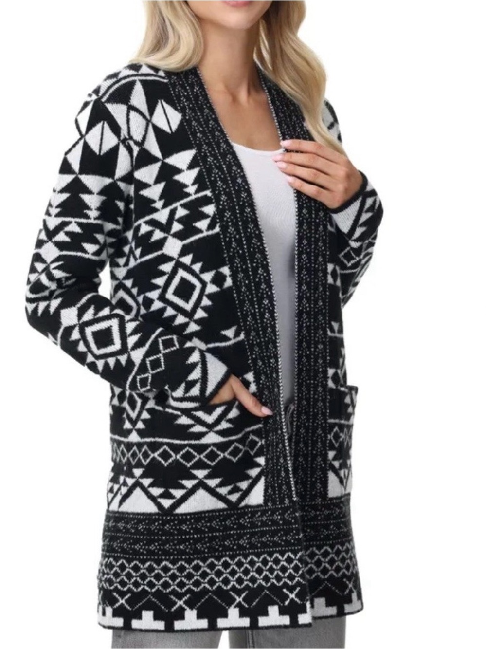 Frye Black and White Geometric Open-Front Cardigan